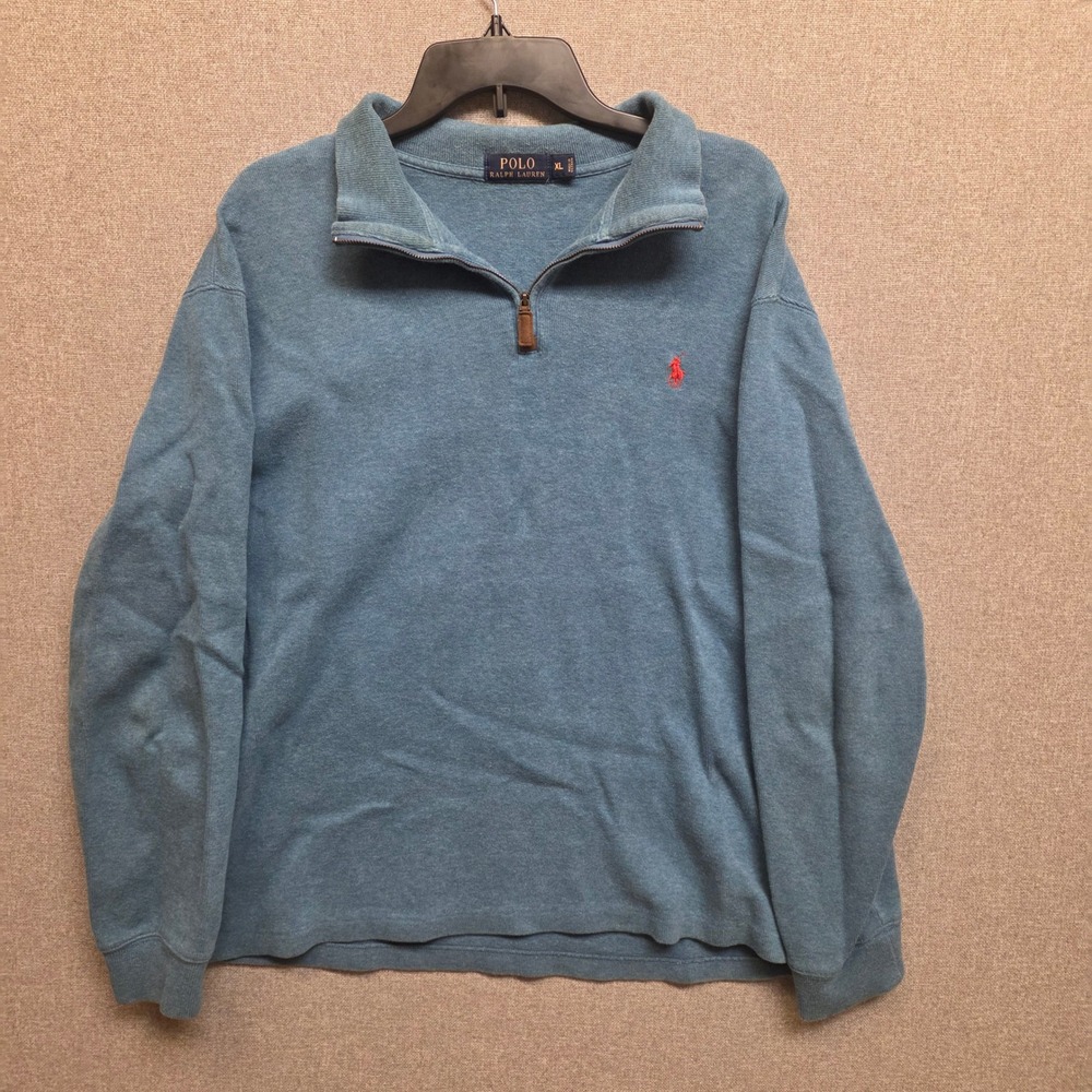 Polo Ralph Lauren Mens XL Blue Cotton Quarter Zip Pullover Sweater Heathered